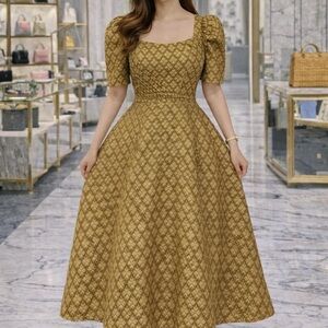 Elegant Puff-Sleeve Square Neck Midi Dress in Gold